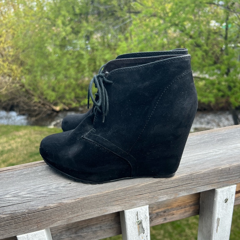 Black Suede Lace-Up Wedge Ankle Booties
